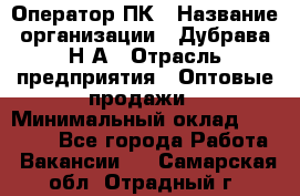 Оператор ПК › Название организации ­ Дубрава Н.А › Отрасль предприятия ­ Оптовые продажи › Минимальный оклад ­ 27 000 - Все города Работа » Вакансии   . Самарская обл.,Отрадный г.